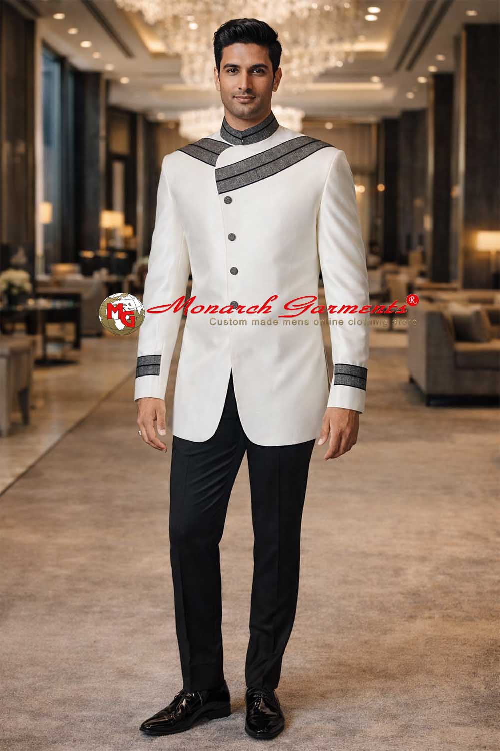 Cream Indo Western suit for men with grey patch work and black trousers for reception wear India