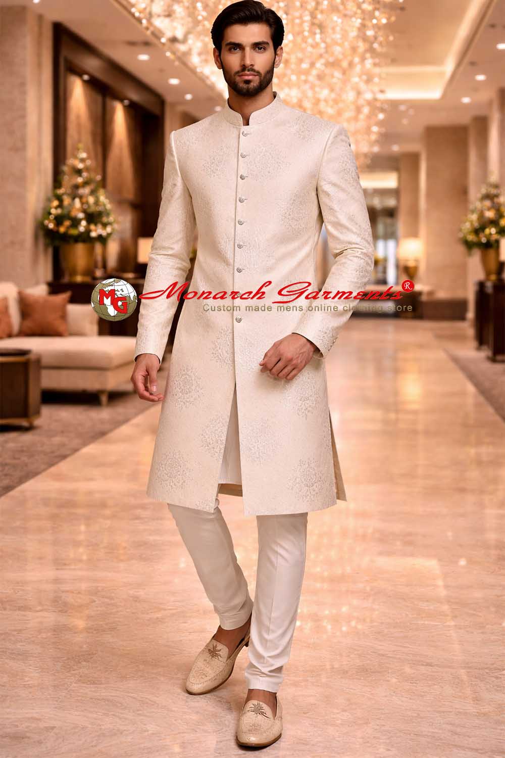 Cream indowestern sherwani for groom with modern fit and matching pyjama for Indian wedding