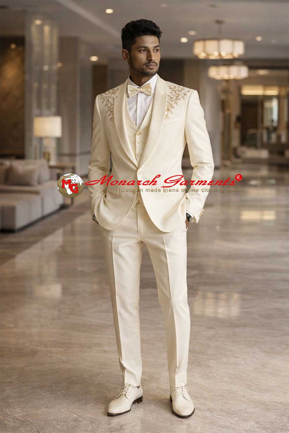 Cream ivory embroidered tuxedo suit for men slim fit wedding wear with gold shoulder detailing