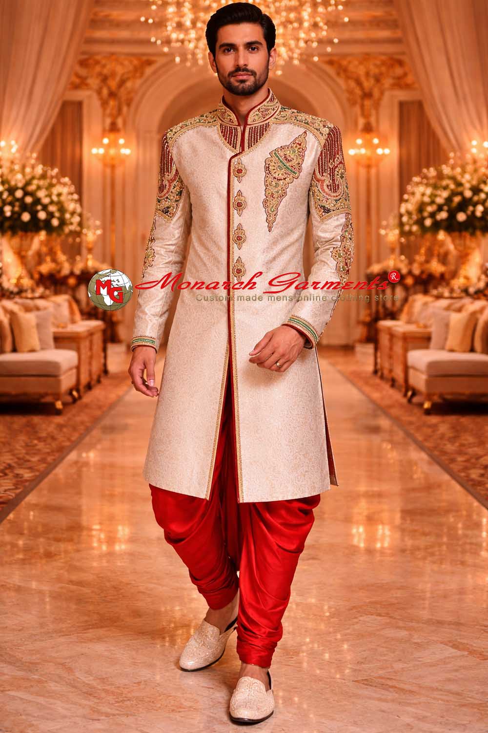 Men’s cream jacquard wedding sherwani with hand embroidery and red salwar, groom ethnic wear India