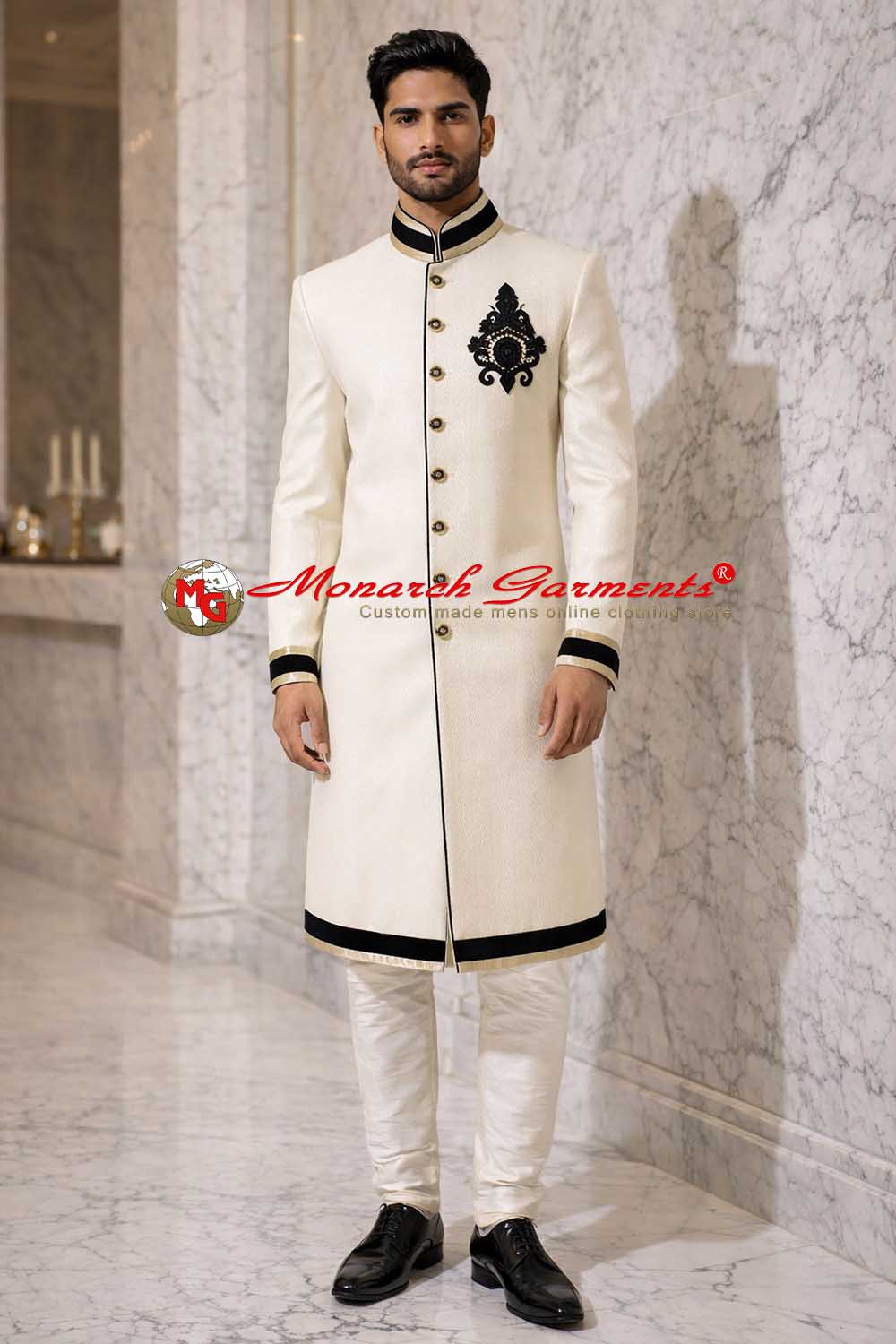 Cream jacquard Indo Western sherwani with black embroidery for men wedding wear