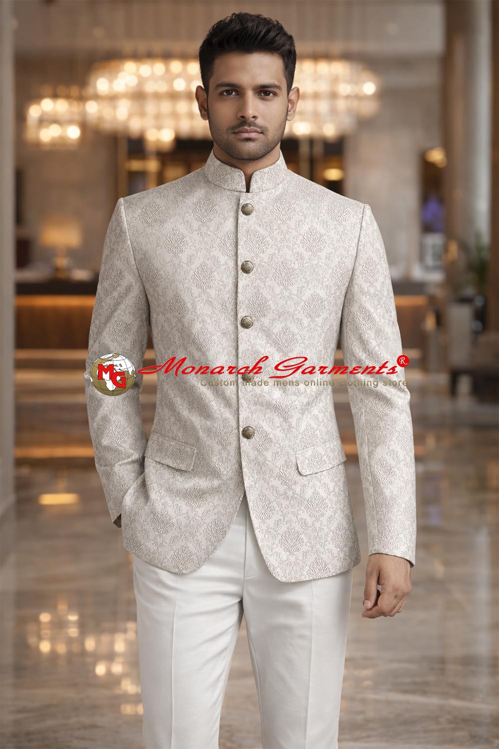 Cream jacquard Jodhpuri suit for men with white trousers slim fit wedding wear