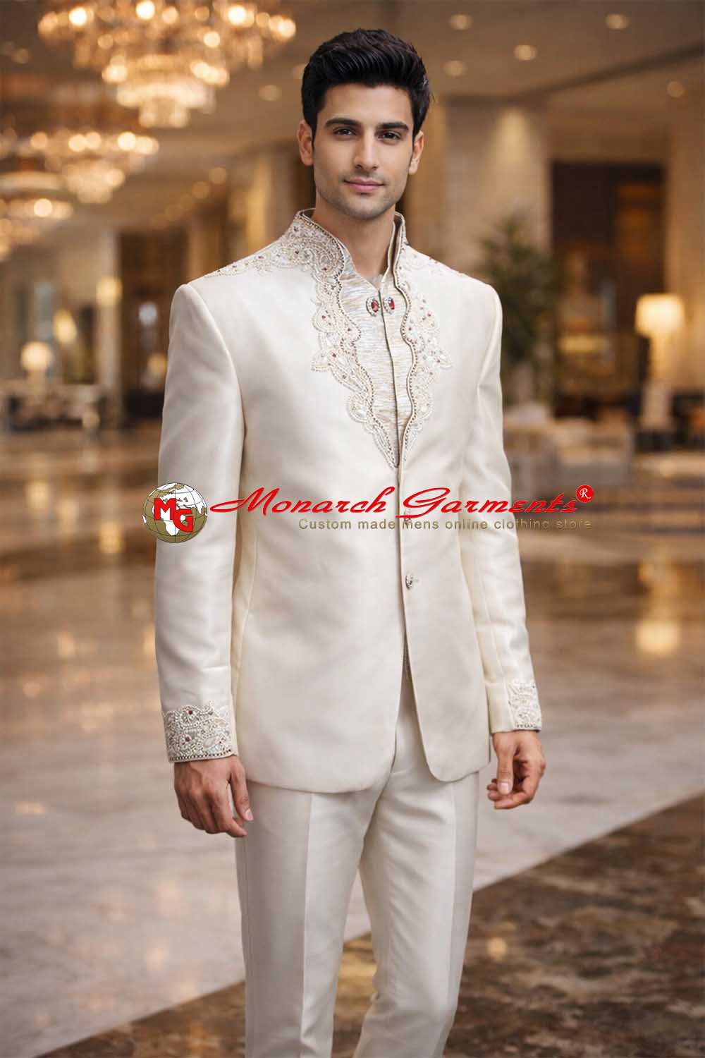 Cream Jodhpuri suit for men with concealed buttons and embroidery wedding wear