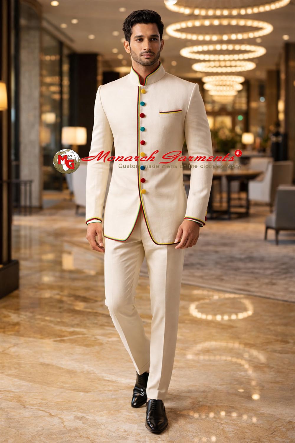 Cream Jodhpuri suit for men with multicolor buttons and piping bandhgala by Monarch Garments India