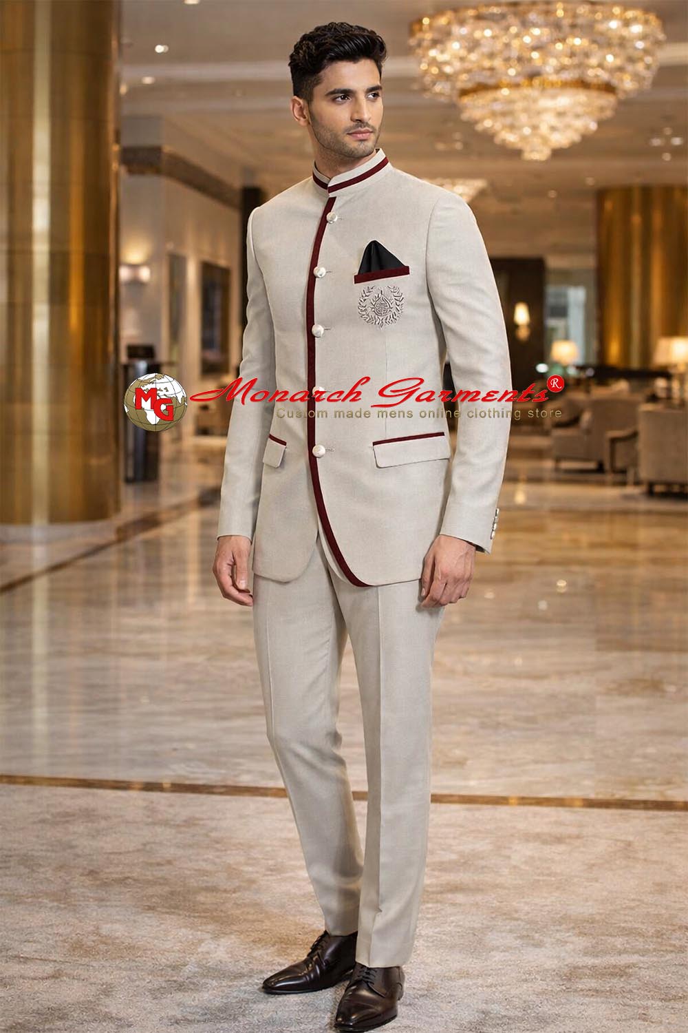 Cream Jodhpuri suit for men with maroon trimming 5 button bandhgala by Monarch Garments India