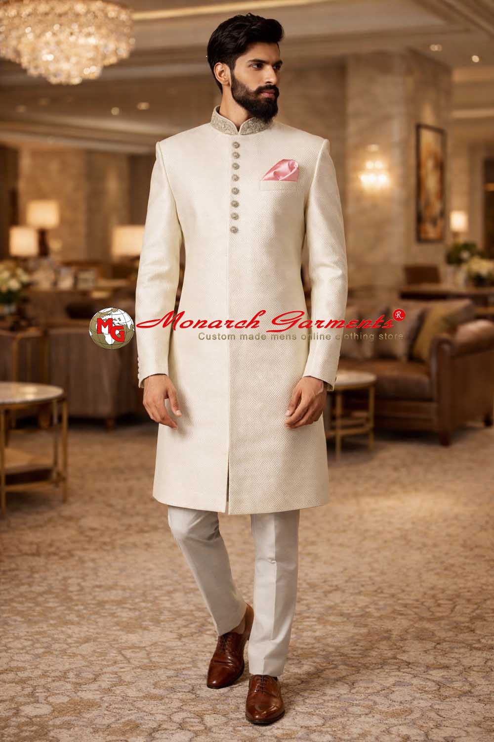 Cream jute Indo Western suit with embroidered collar and silver pant for men party and wedding wear