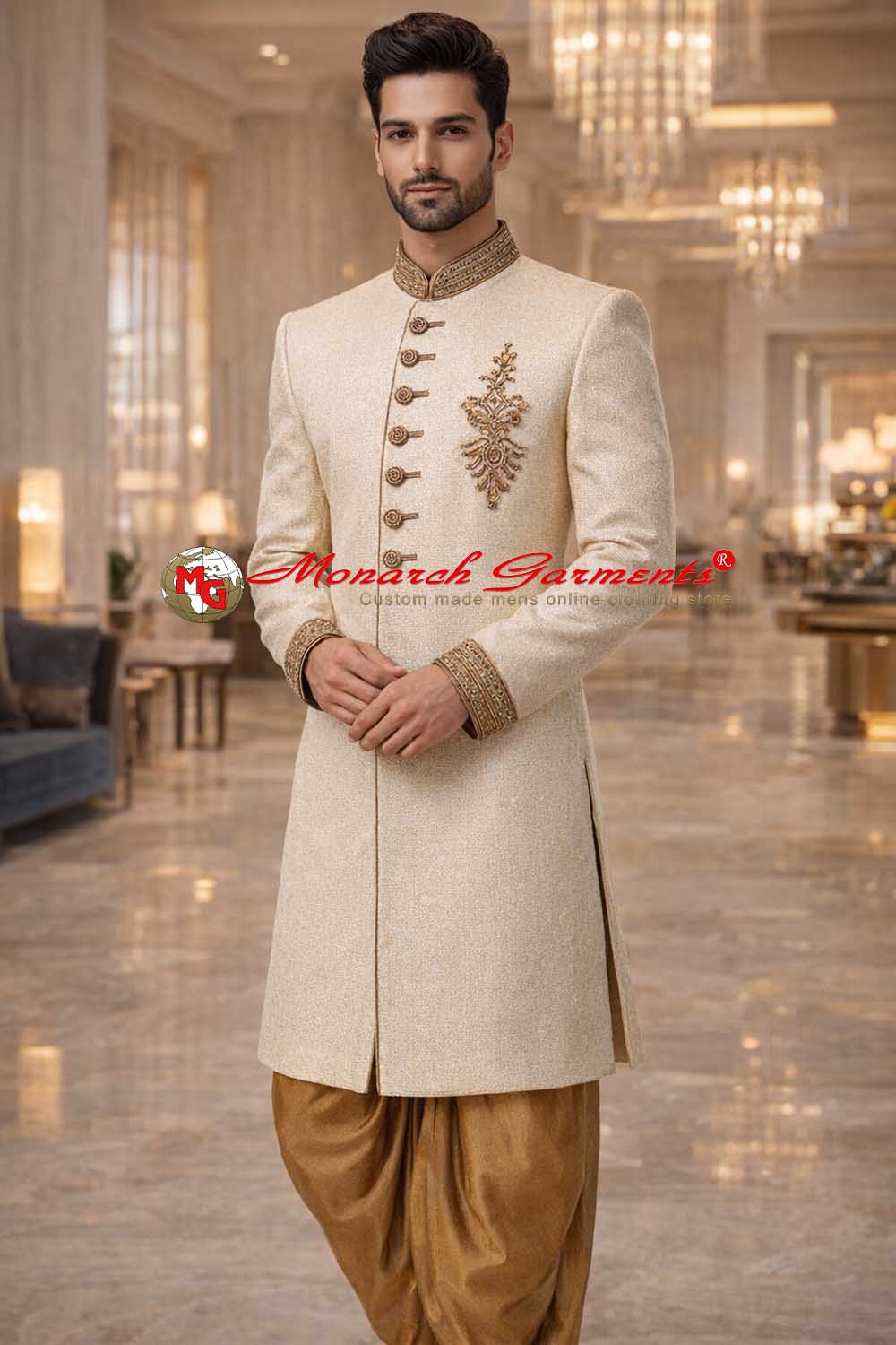 Cream Indo Western sherwani for men with golden Peshawari salwar and embroidery for wedding groom outfit