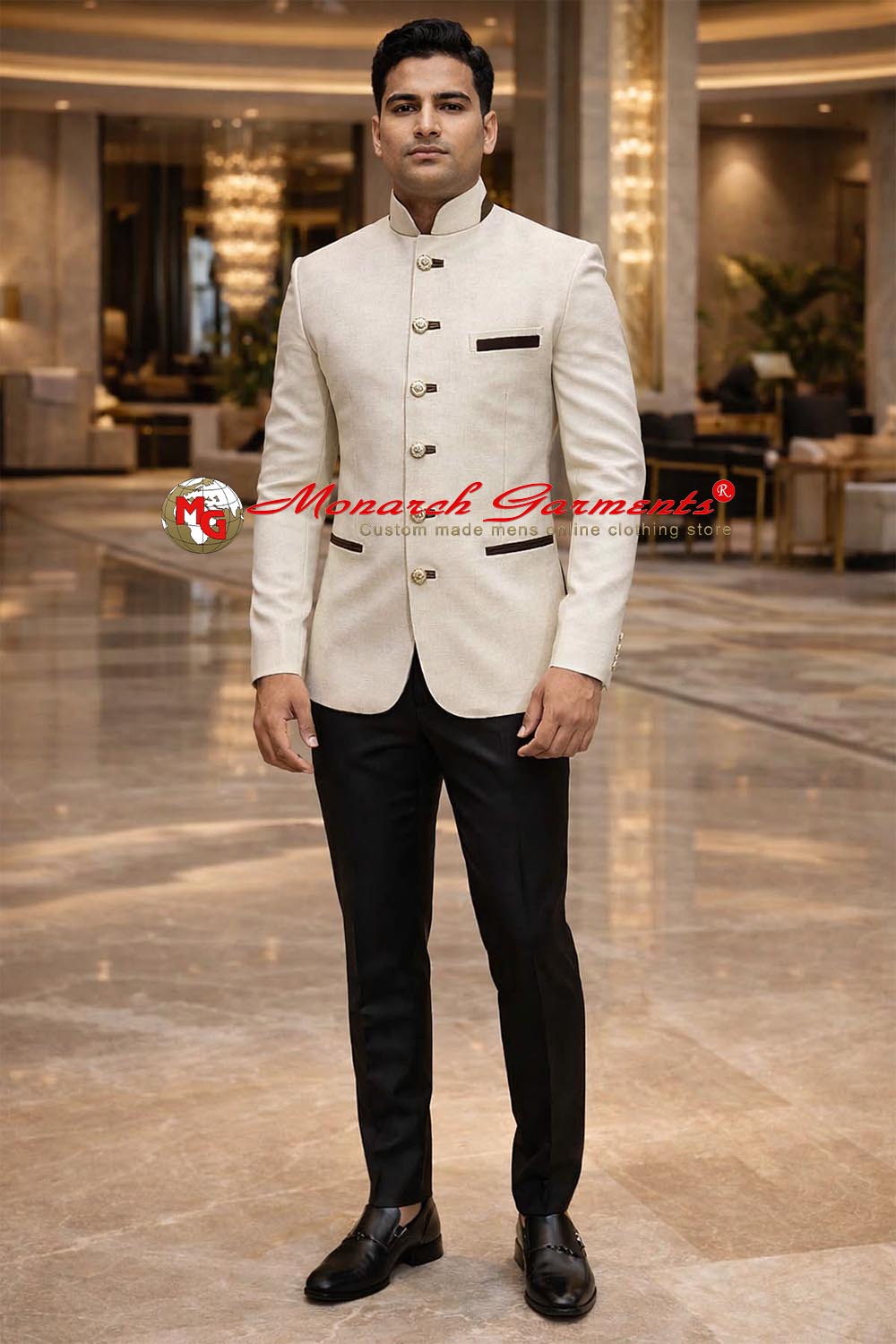 Cream jute Jodhpuri suit for men with brown velvet trim and black trousers