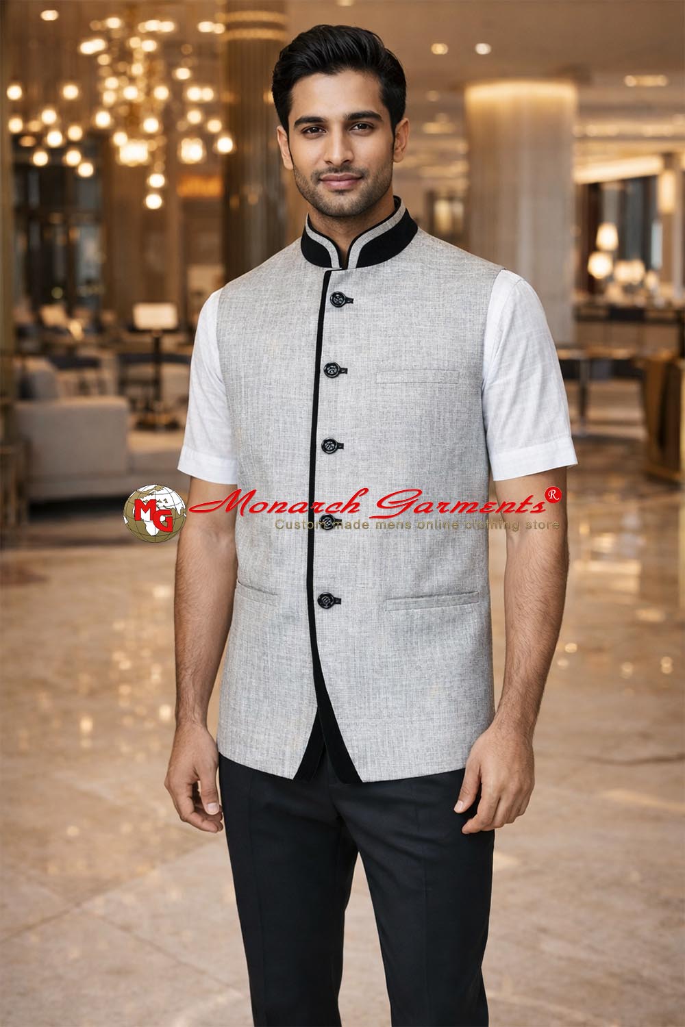 Cream jute Nehru vest for men with black trim tailored fit wedding wear India