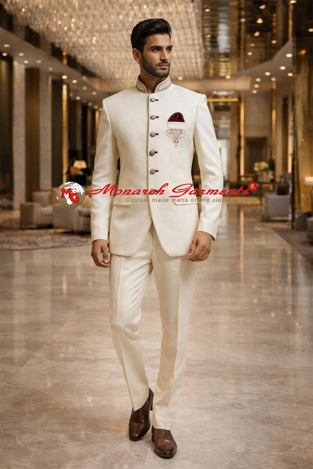 Cream linen embroidered Jodhpuri Bandhgala suit for Indian wedding with matching trousers and pocket square by Monarch Garments