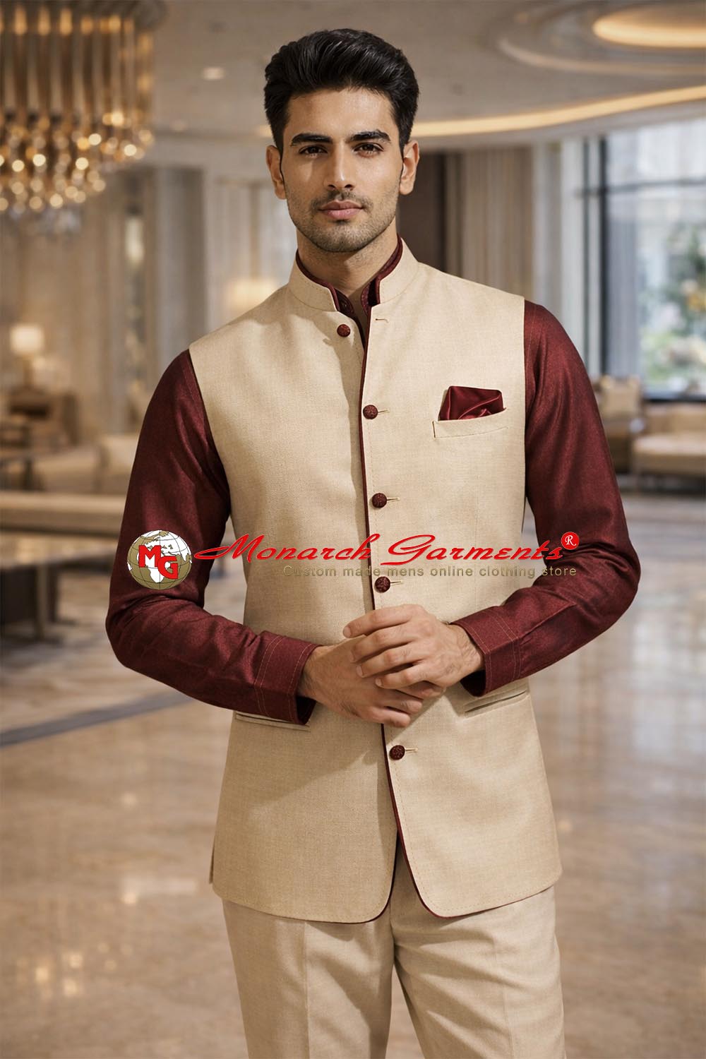 Cream linen Nehru vest for men tailored fit wedding ethnic wear India
