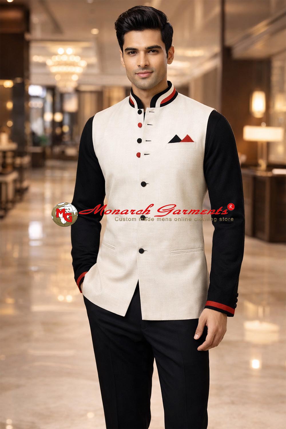 Cream linen Nehru vest for men tailored fit formal waistcoat for weddings and occasions