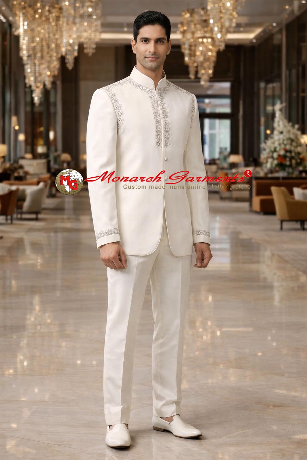 Cream linen royal embroidered Jodhpuri Bandhgala suit for Indian wedding with matching trousers by Monarch Garments