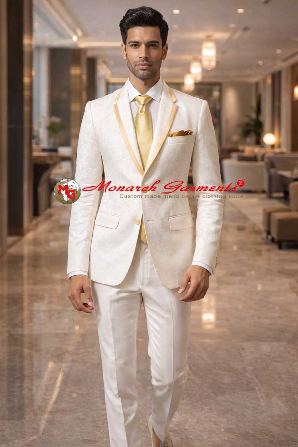 Cream linen tuxedo suit for men slim fit wedding formal outfit with trim collar