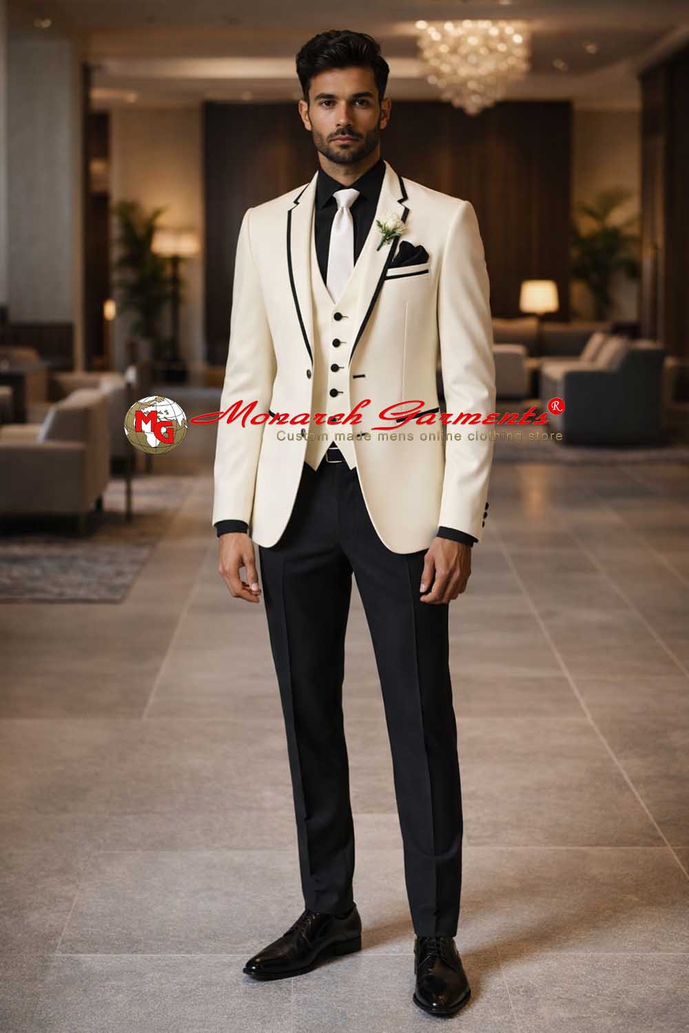 Cream notch collar tuxedo suit for men slim fit wedding formal wear India