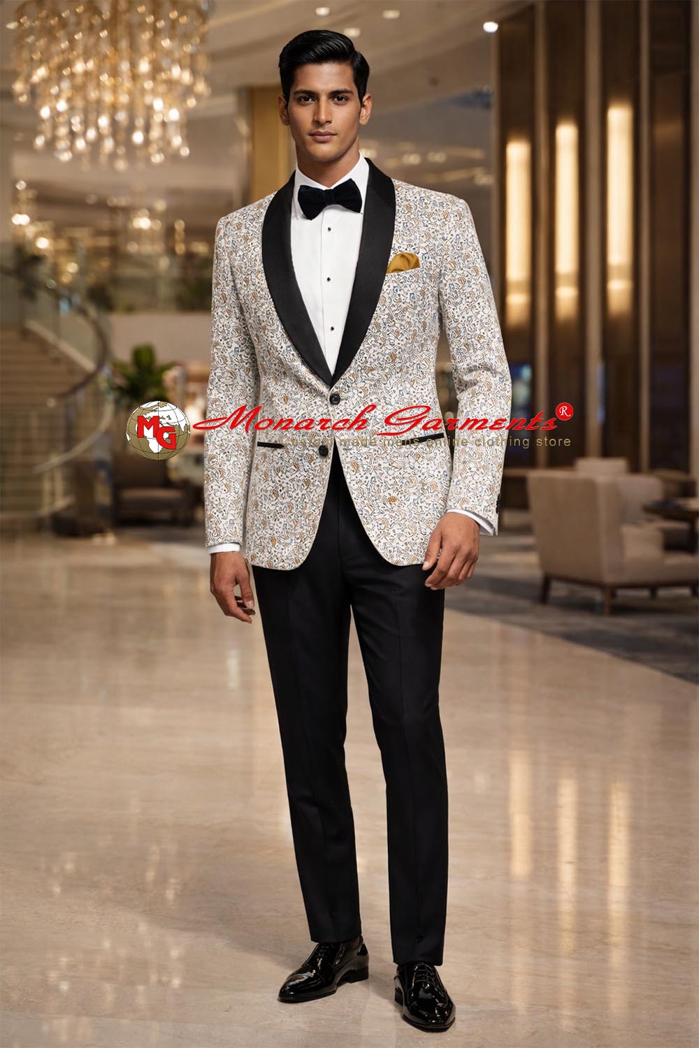 Men’s cream paisley printed cotton slim fit blazer with black satin shawl lapel luxury wedding reception jacket