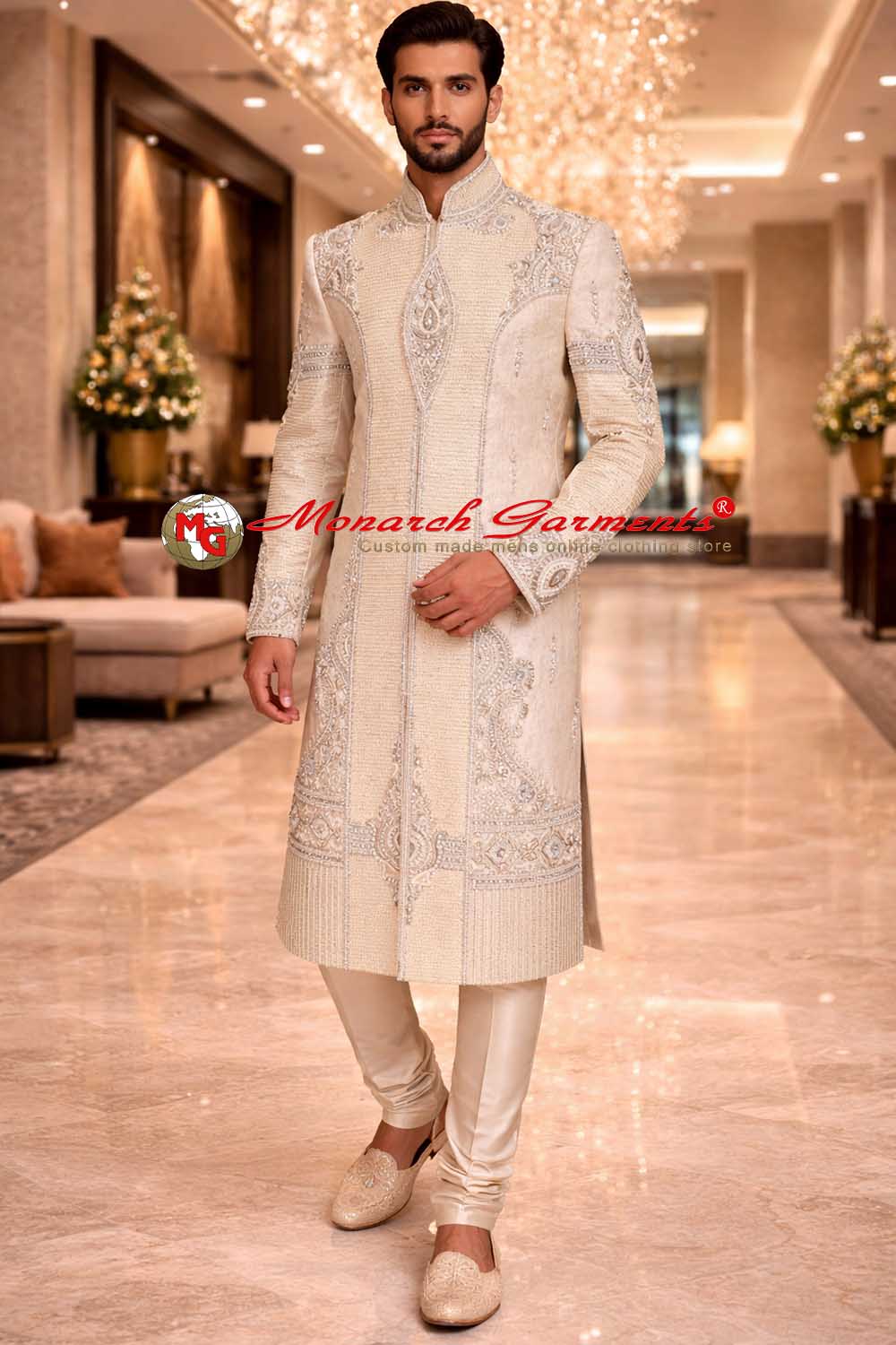 Cream brocade wedding sherwani for groom with pearl and swarovski embroidery and churidar by Monarch Garments