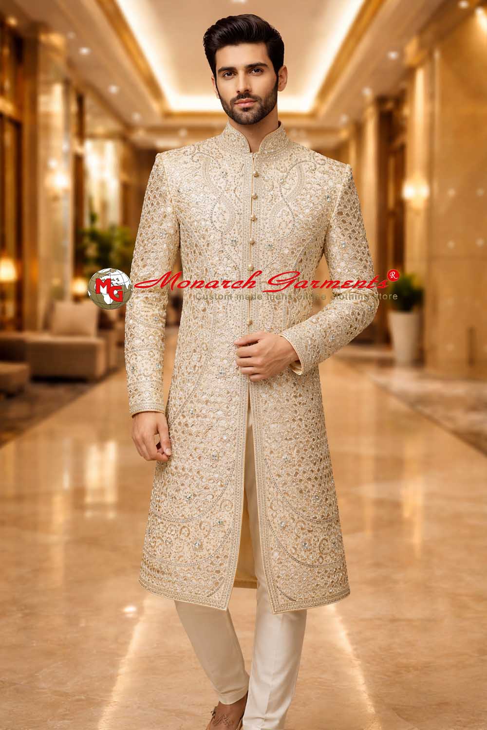 cream brocade rajwada cutwork embroidered groom sherwani for indian wedding by monarch garments