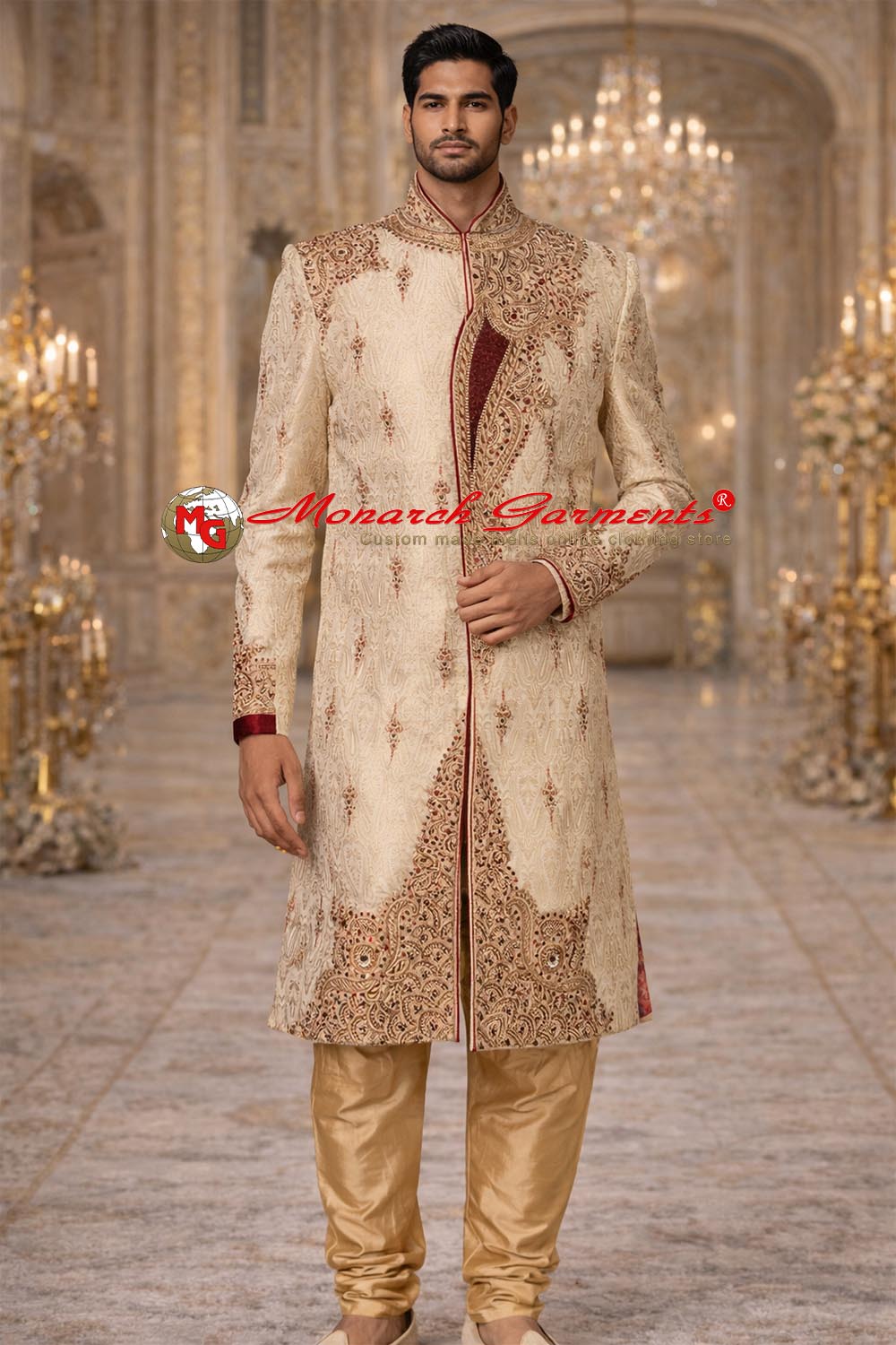 Indian groom wearing cream red embroidered wedding sherwani by Monarch Garments