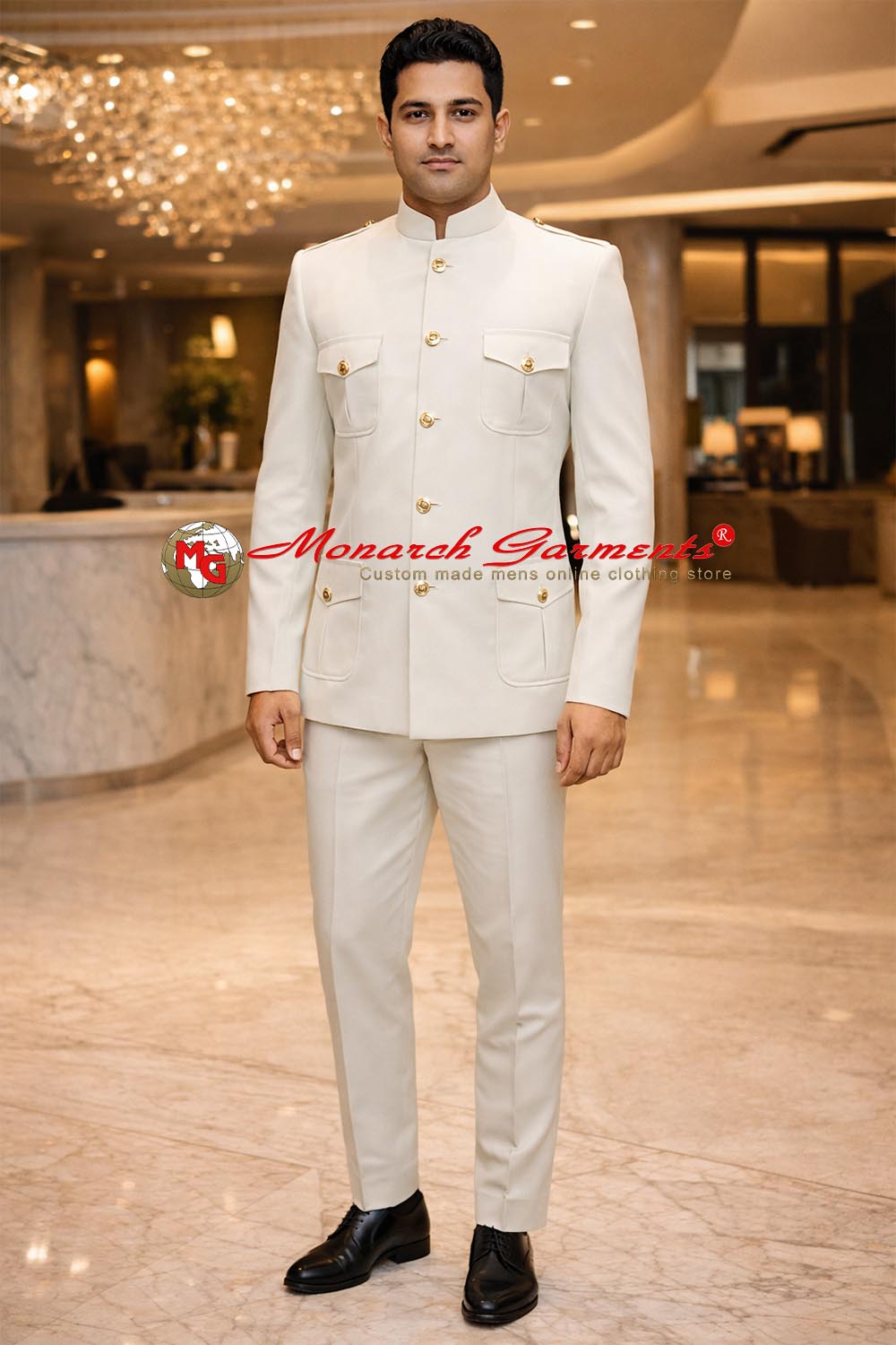 Cream safari style Jodhpuri bandhgala suit for men with four pockets and shoulder epaulets, groom wedding formal outfit by Monarch Garments