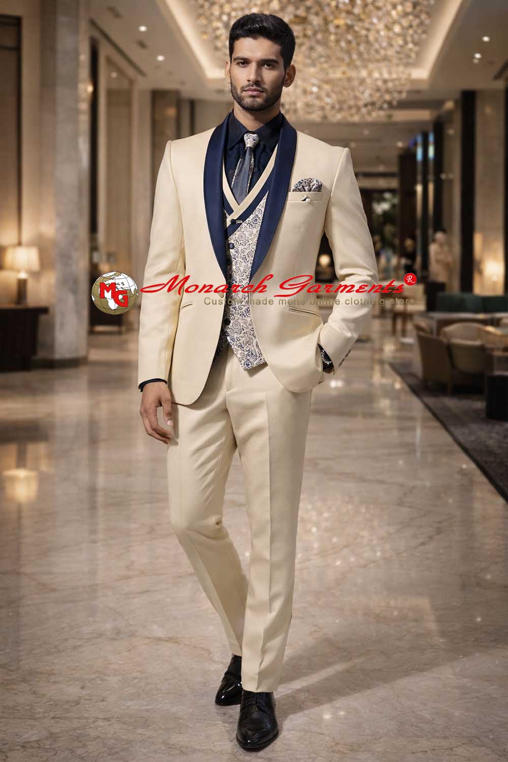 Cream shawl lapel tuxedo suit for men slim fit designer wedding formal outfit