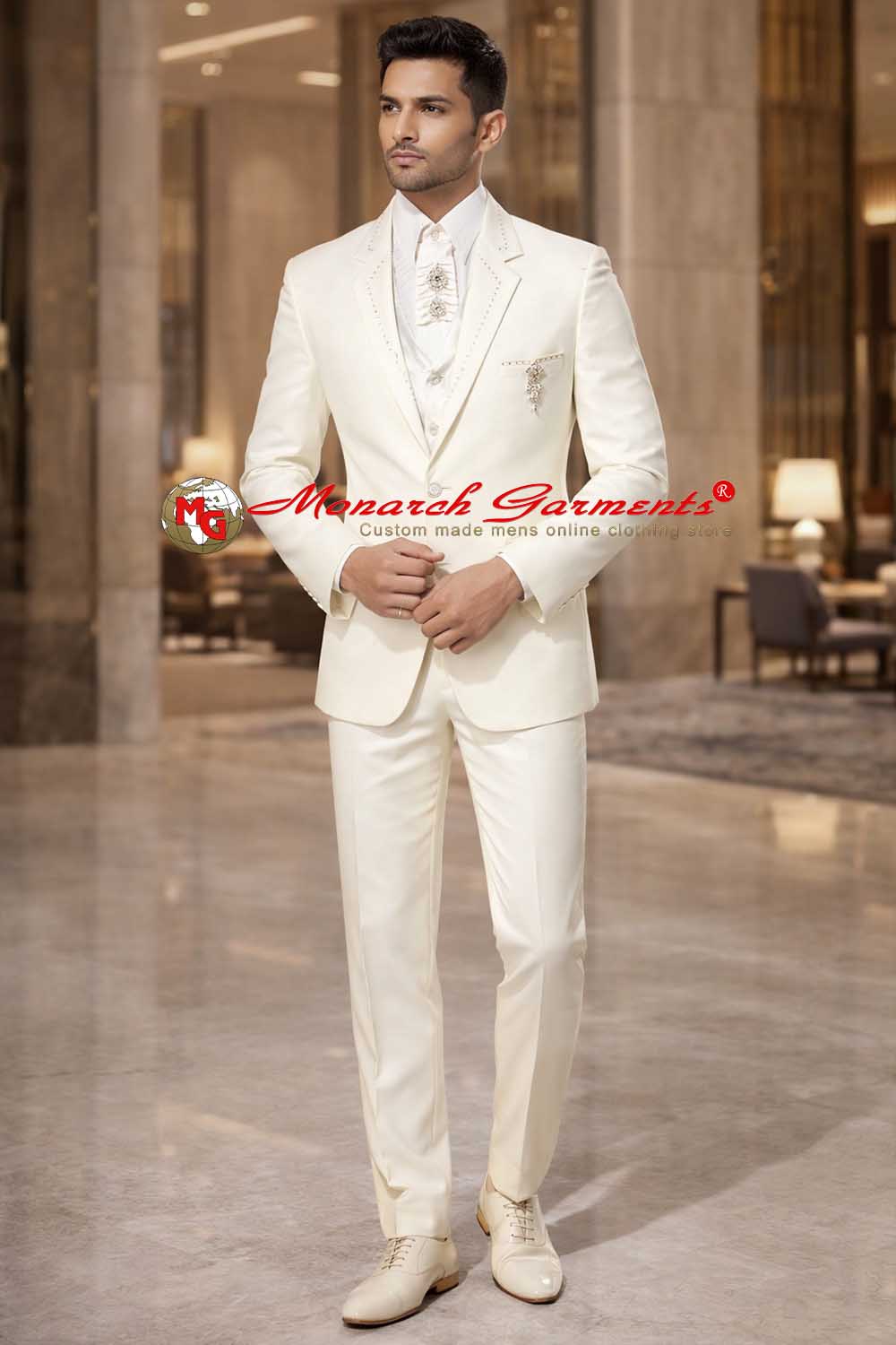 Men’s cream tuxedo suit slim fit reception wear with satin lapel
