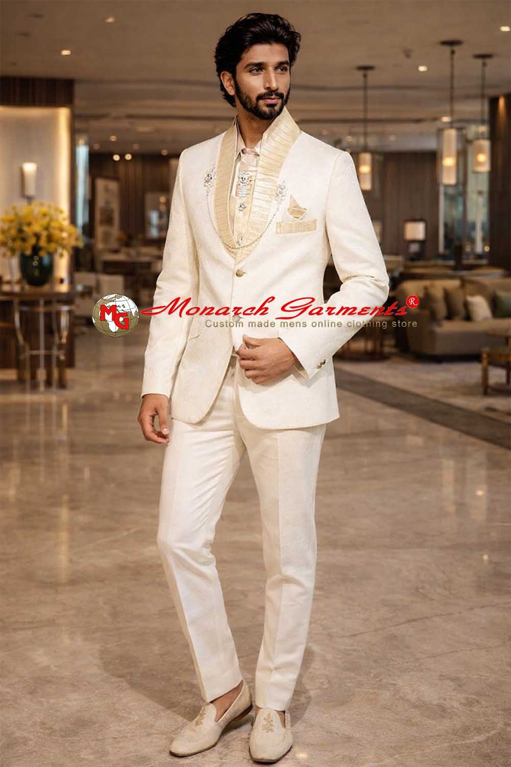 Cream wedding tuxedo suit for men slim fit royal groom wear India