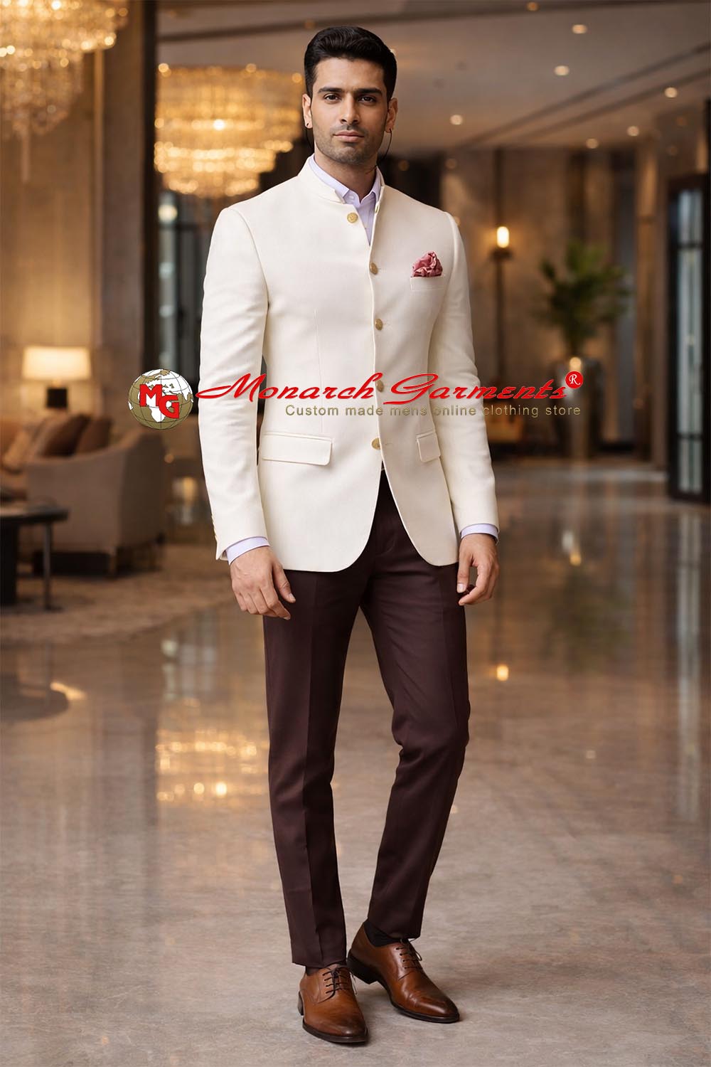 Cream wool Jodhpuri suit for men with brown trousers party wear slim fit