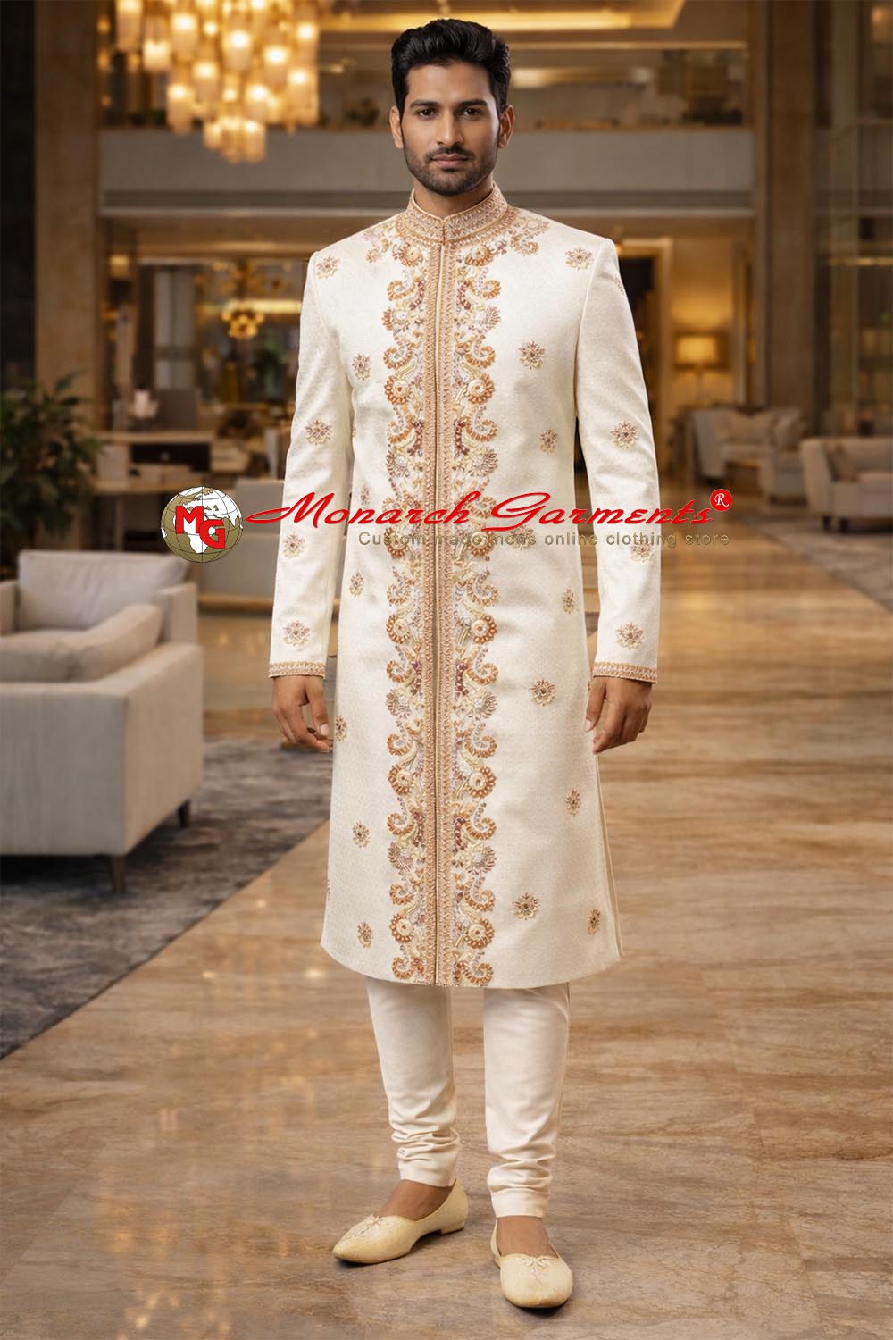 Cream brocade sherwani for men with hand embroidery wedding wear India