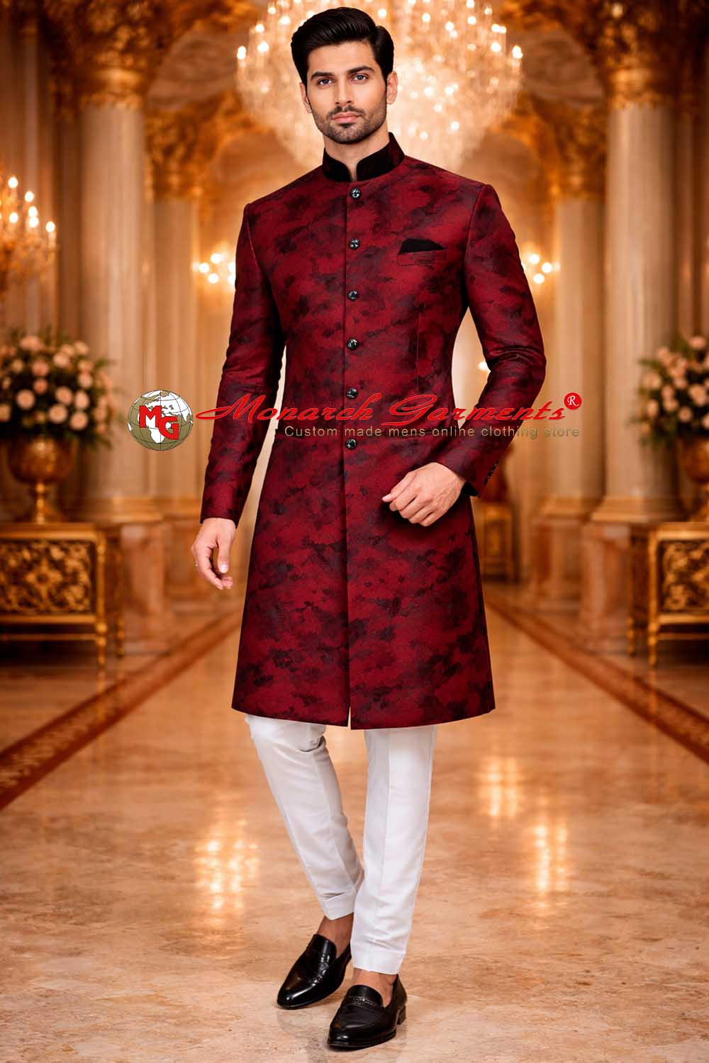 crimson digital print designer sherwani for men with white churidar for indian wedding and reception by monarch garments