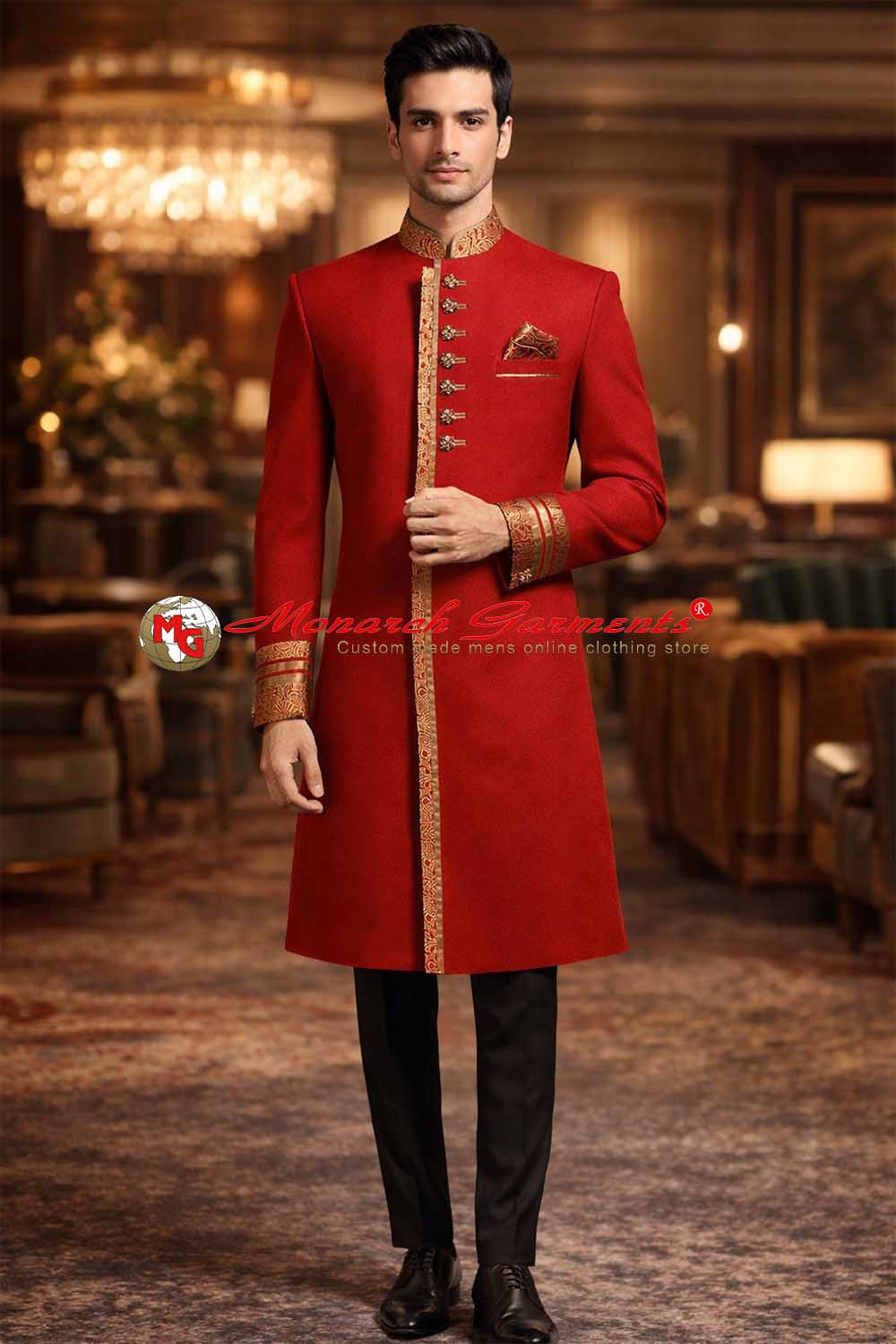 Crimson red Indo Western suit for men with gold brocade detailing and Pathani pant for wedding wear India
