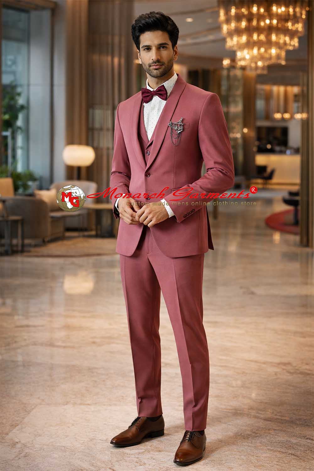 Crimson red shawl collar tuxedo suit for men slim fit wedding and reception wear India