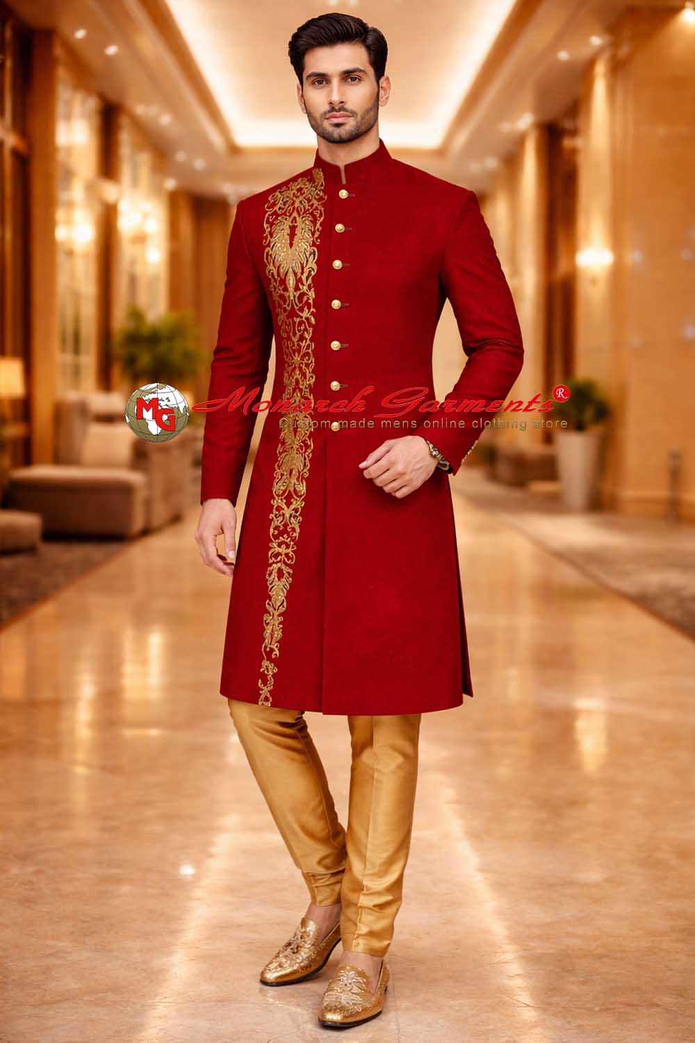 crimson velvet zari embroidered groom sherwani with golden churidar for indian wedding by monarch garments