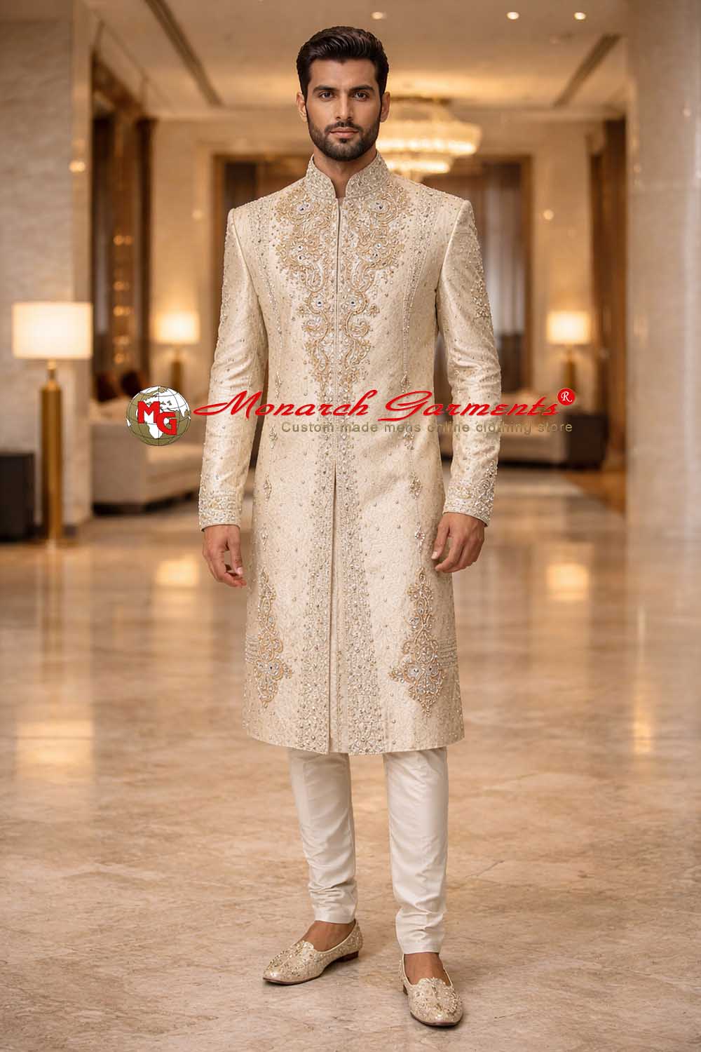 Men wearing dark beige embroidered sherwani with cream pyjama for wedding and festive occasions