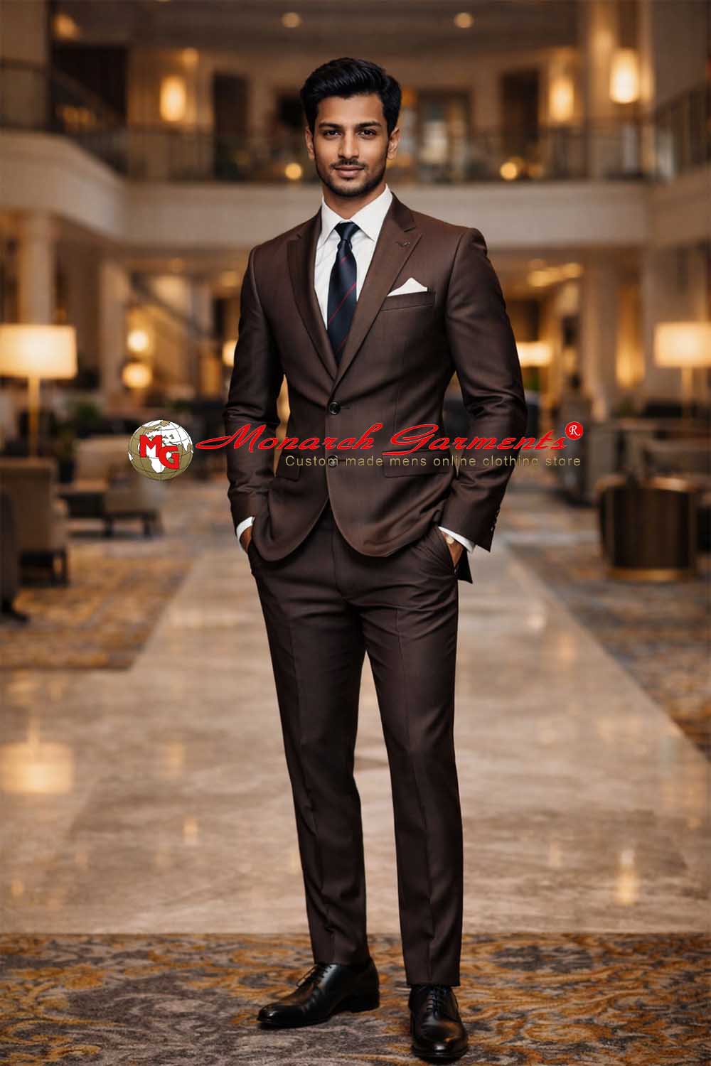 Dark brown 3 piece suit for men slim fit with blazer vest and trousers for wedding and formal occasions India