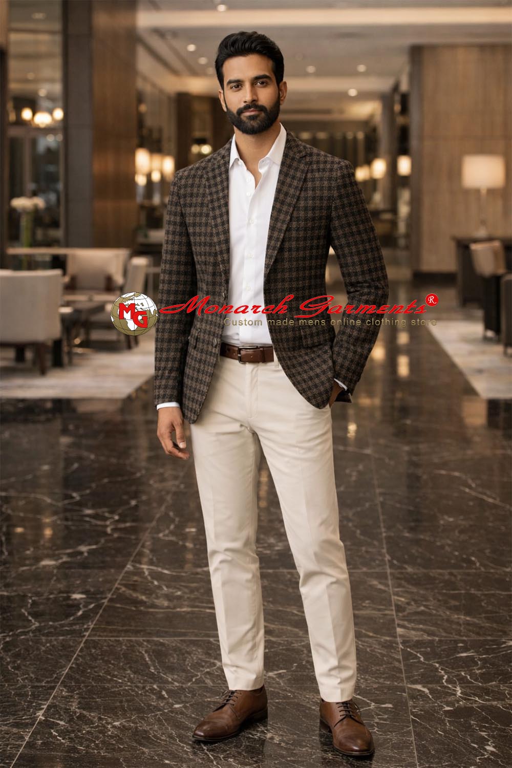 Men wearing dark brown black check blazer with white shirt and beige trousers for semi formal and business casual style