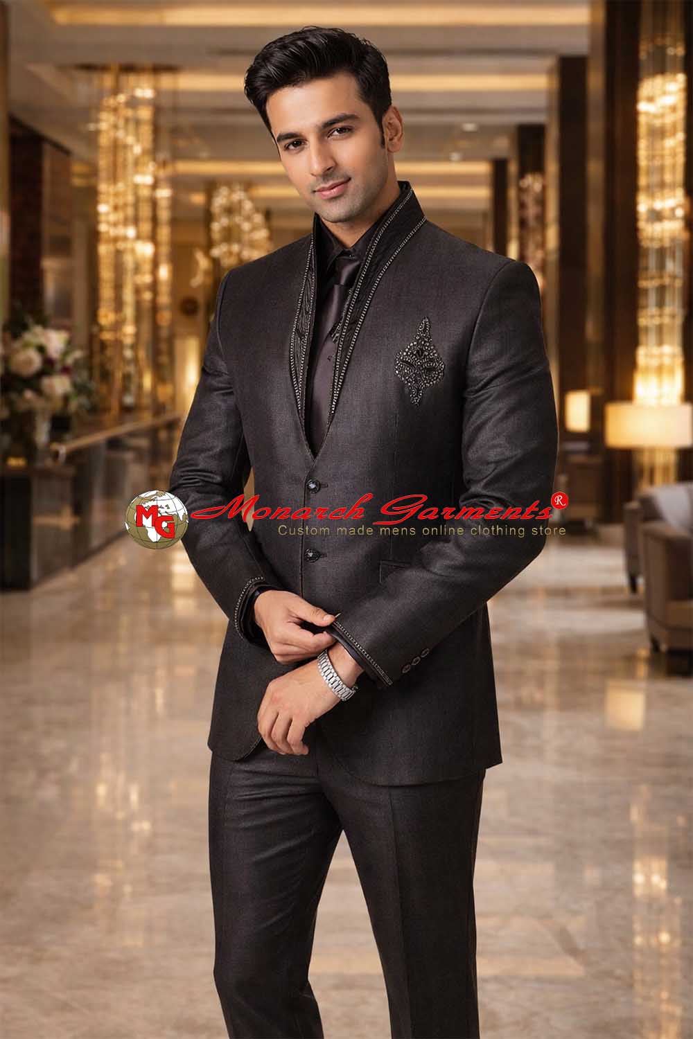 Dark brown embroidered tuxedo suit for men slim fit wedding formal wear