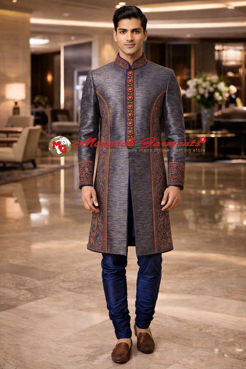 Dark brown Indo Western sherwani for men with purple churidar wedding outfit