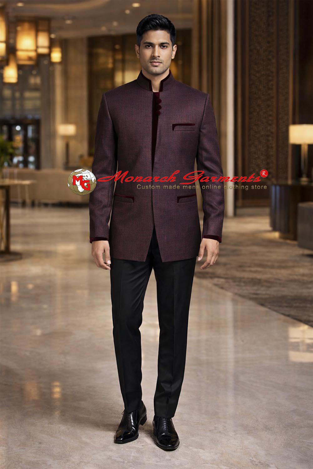 Dark brown jute Jodhpuri suit for men with maroon velvet collar and detailing bandhgala by Monarch Garments India