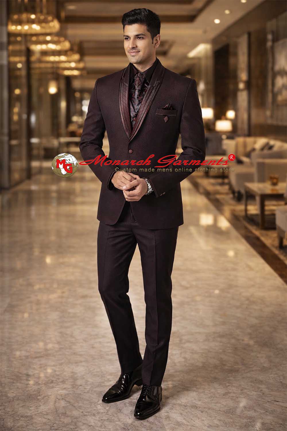 Men’s dark brown tuxedo suit slim fit with textured lapel wedding wear