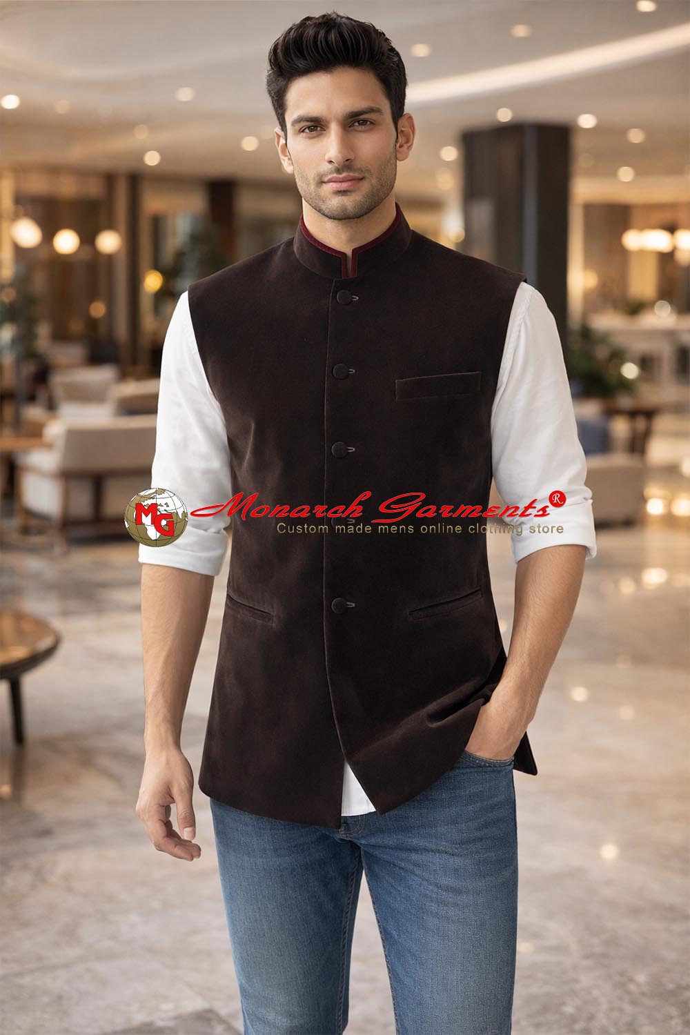 Dark brown velvet Nehru vest for men slim fit designer waistcoat for weddings and evening occasions