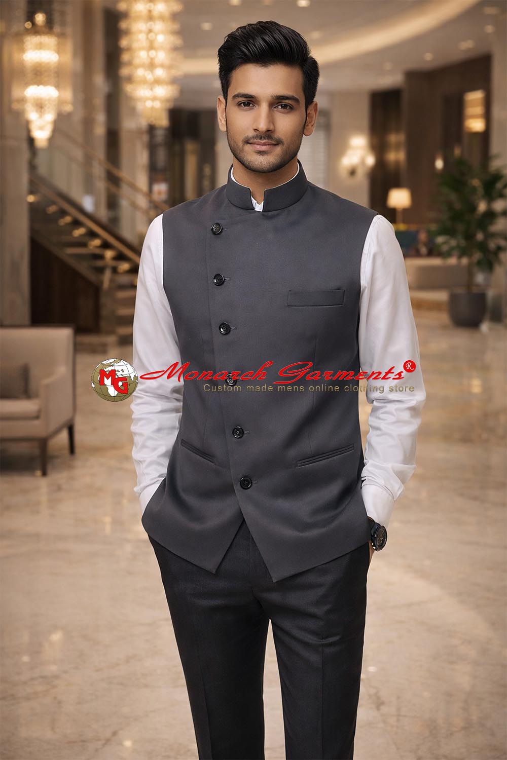 Dark grey cotton Nehru vest for men tailored fit formal waistcoat for weddings and events
