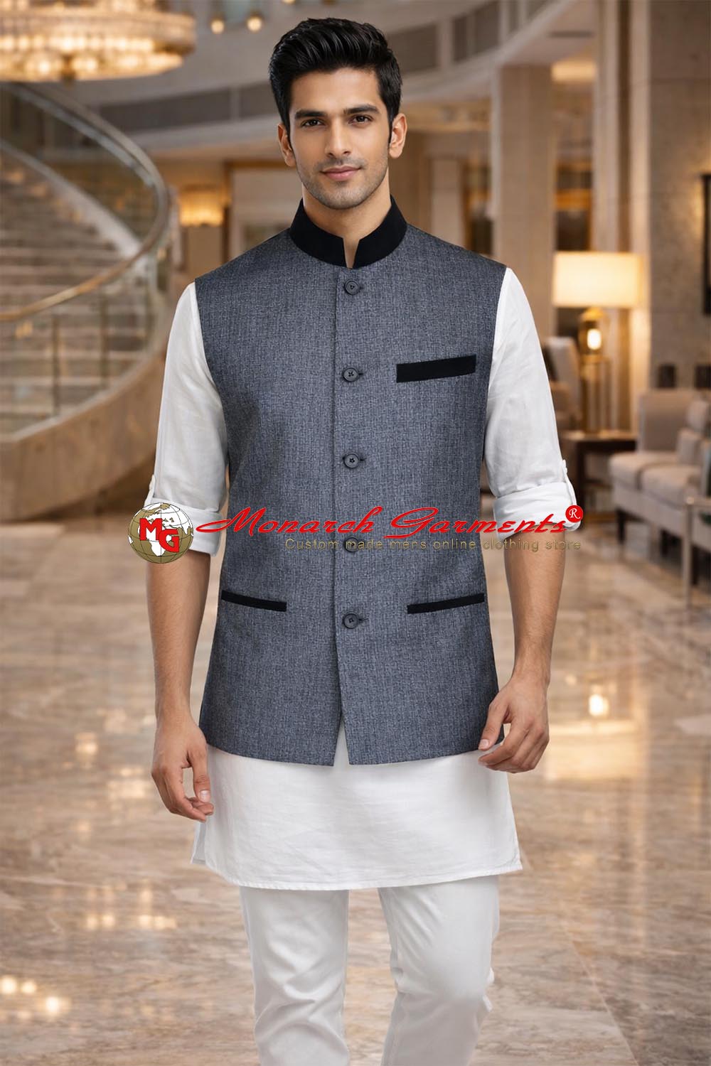 Dark grey linen Nehru vest for men with black velvet trim slim fit wedding wear India
