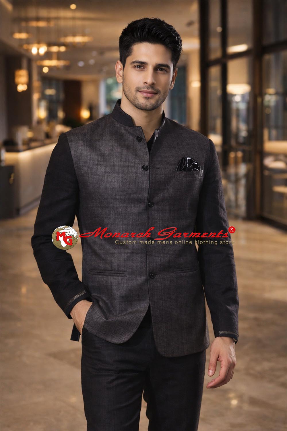 Dark grey Nehru vest for men formal tailored fit wedding wear India