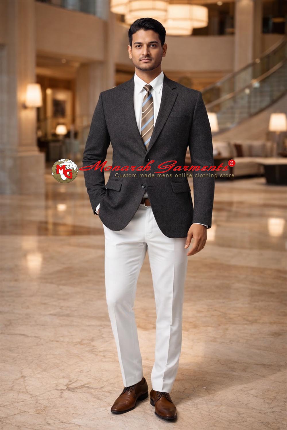 Men’s dark grey tweed shepherd check slim fit blazer by Monarch Garments
