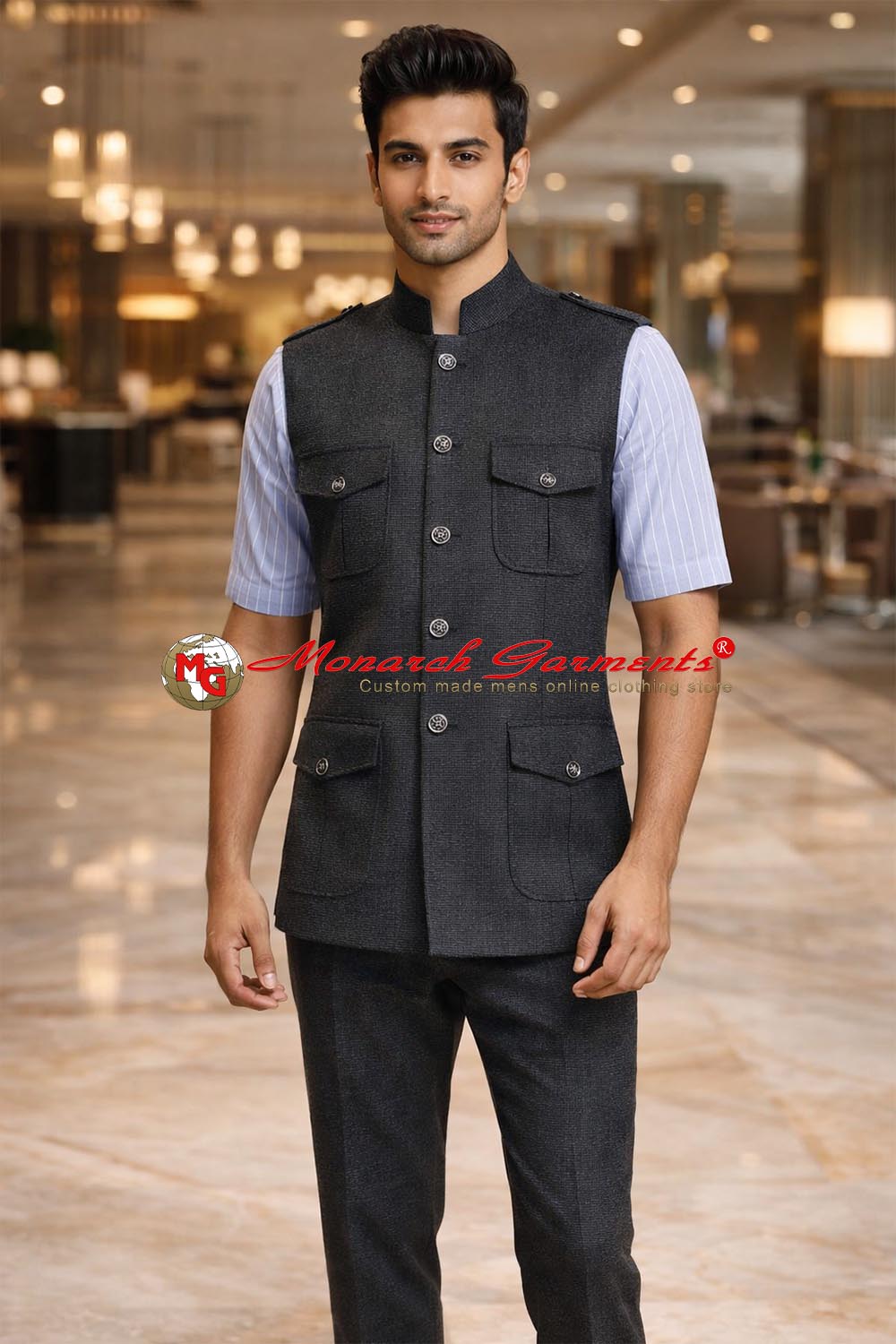Dark grey wool Nehru vest for men safari style winter wedding wear India