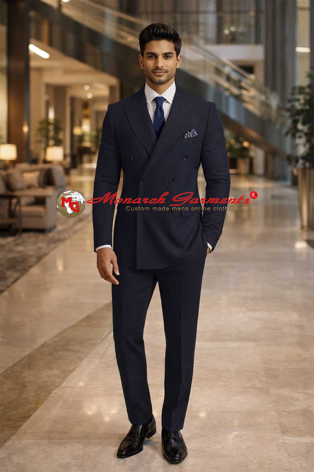 Dark navy pinstripe double breasted suit for men slim fit formal wear India