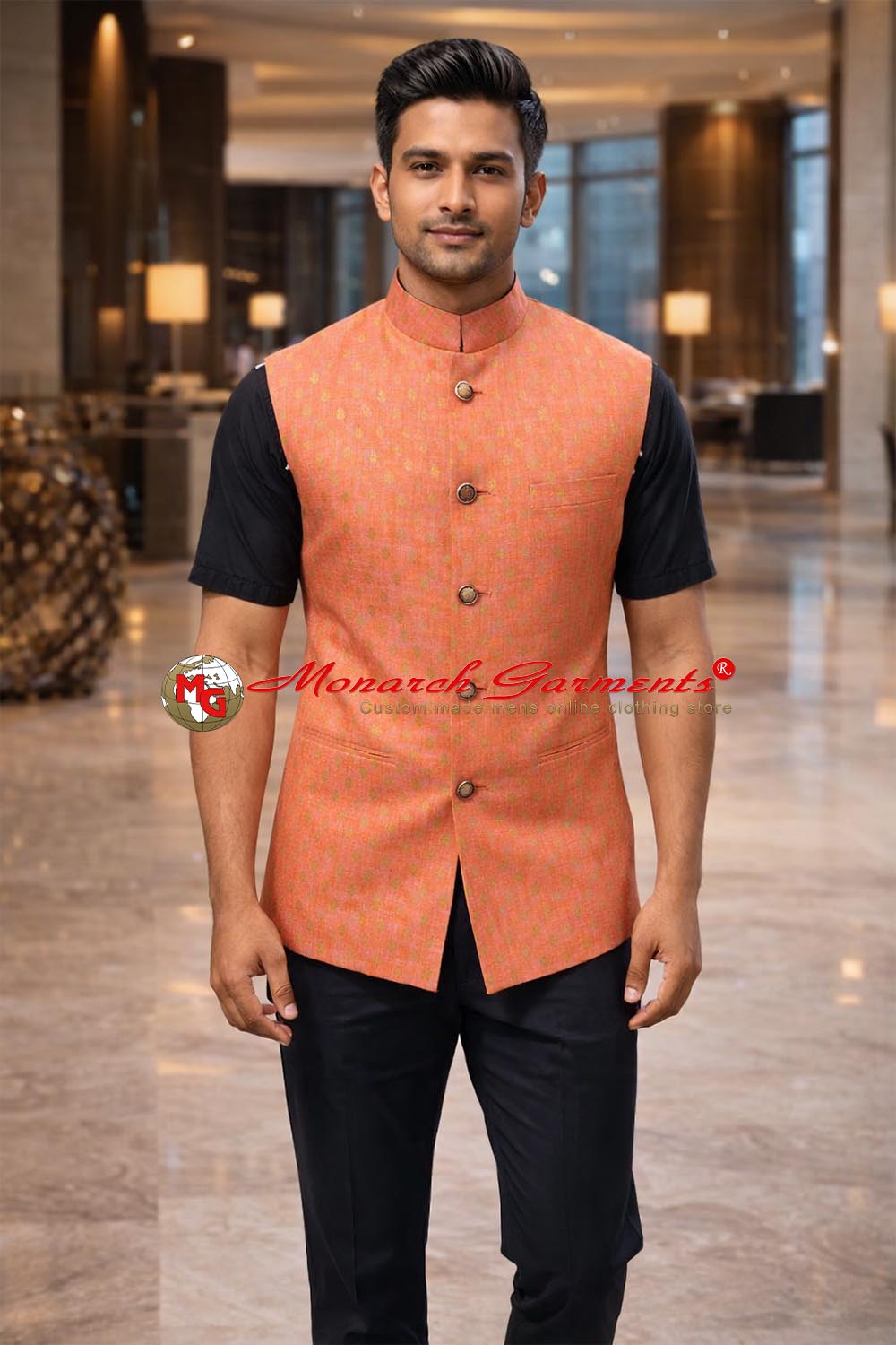 Dark orange linen Nehru vest for men tailored fit wedding wear India
