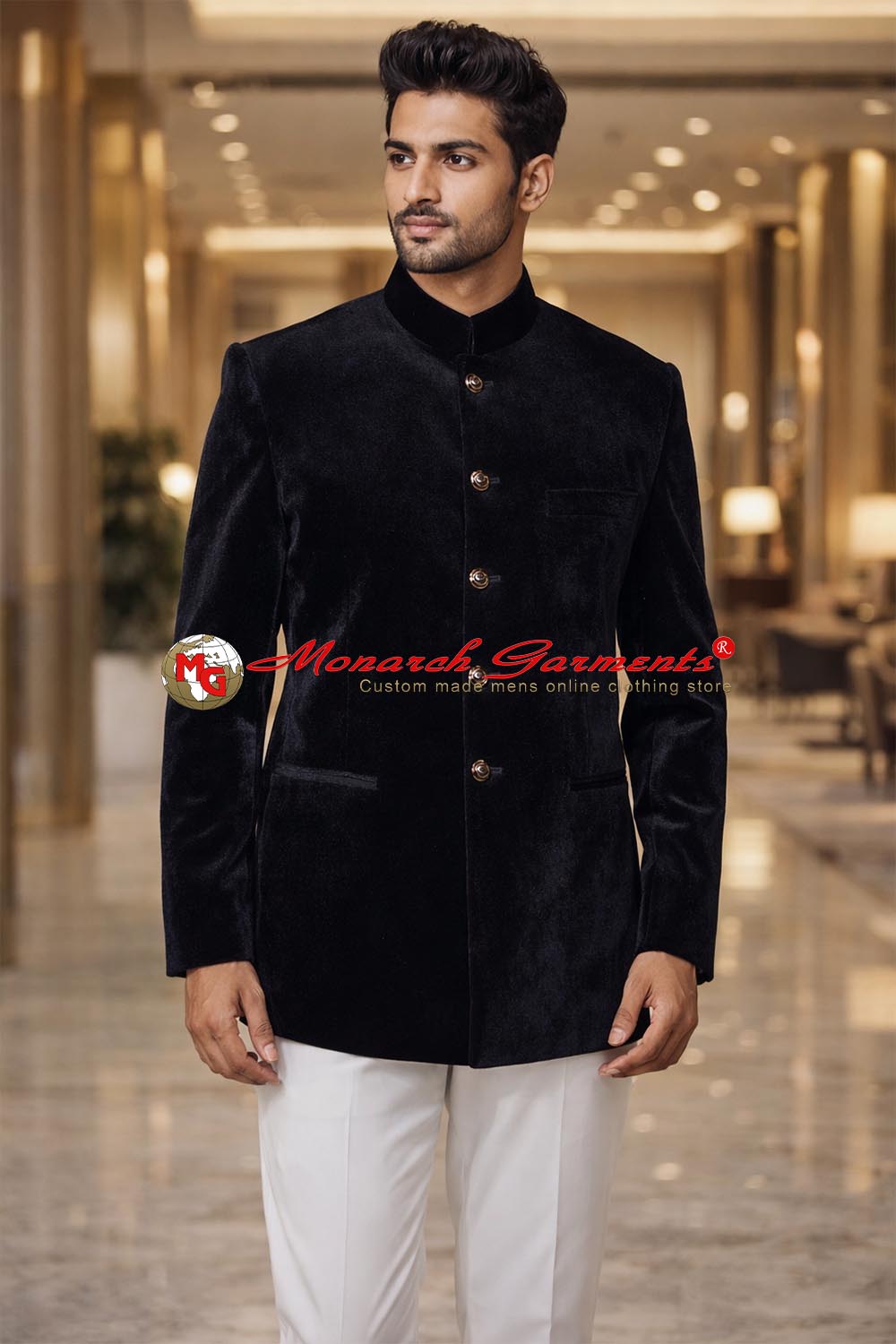 Men’s dark purple velvet Nehru collar bandhgala slim fit jacket by Monarch Garments