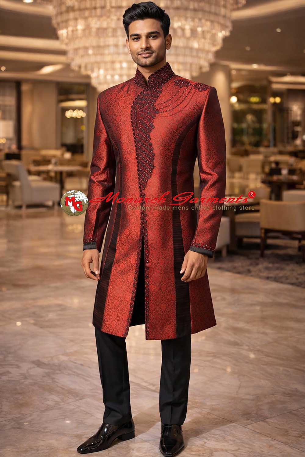 Dark red brocade Indo Western suit for men with embroidery and black trousers for wedding wear India
